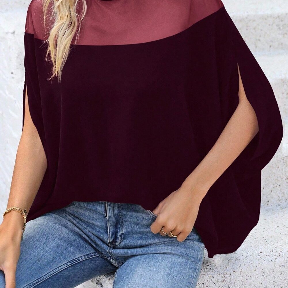 Burgundy Casual Women's Stand Collar Mesh Hollow Blouse - Picture 6 of 6